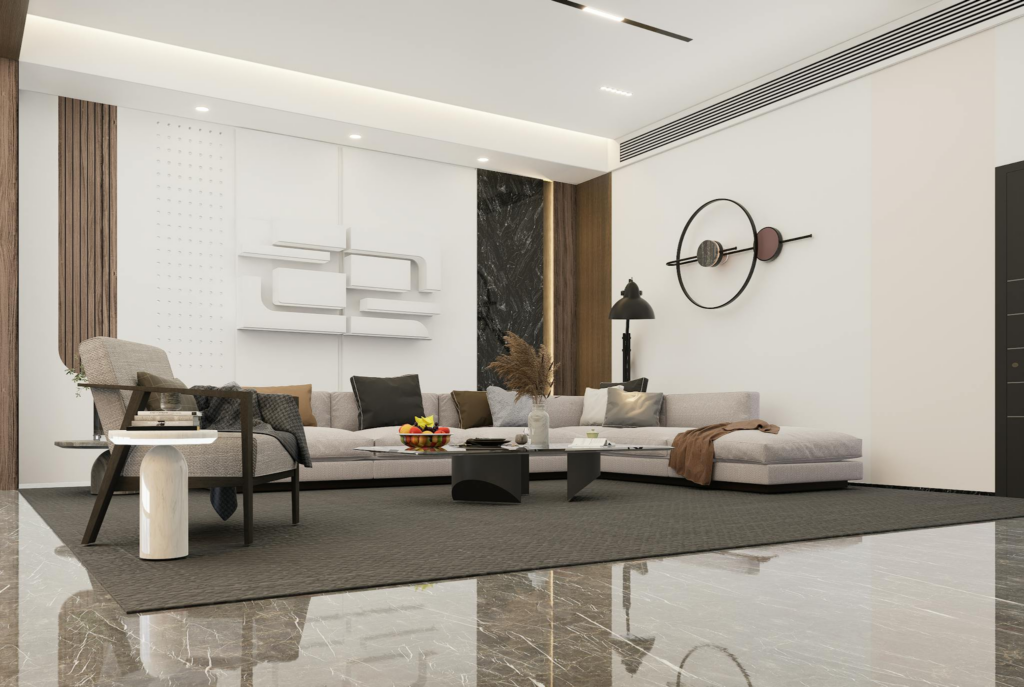 Chic and elegant living room featuring modern minimalist decor, comfortable seating, and stylish furnishings.